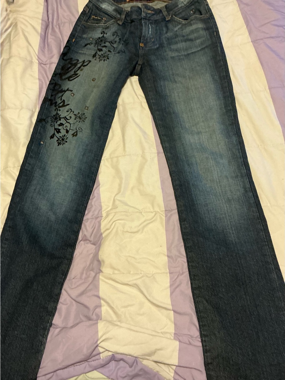 Apple Bottoms Women's Dark Blue Boot Cut Jeans with Black Floral Print